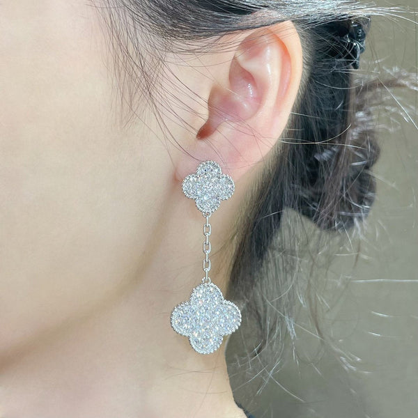 ˇGilded EraˇCLOVER 2 MOTIFS DIAMOND PAVED SILVER EARRINGS
