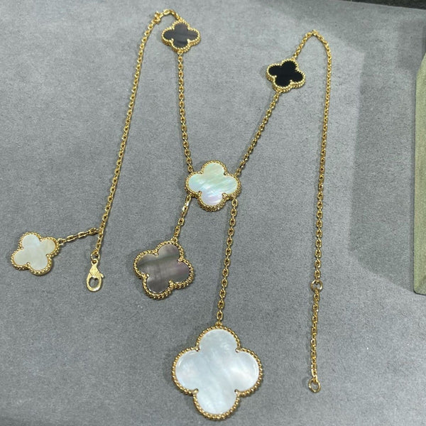 ˇGilded EraˇCLOVER 6 MOTIF MOP ONYX GOLD NECKLACE