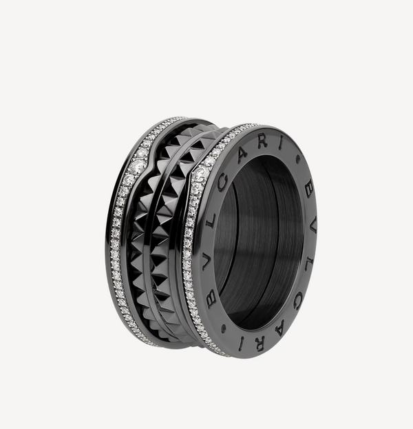 ˇGilded EraˇZERO 1 ROCK FOUR-BAND BLACK CERAMIC WITH STUDDED SPIRAL AND PAVED DIAMONDS RING