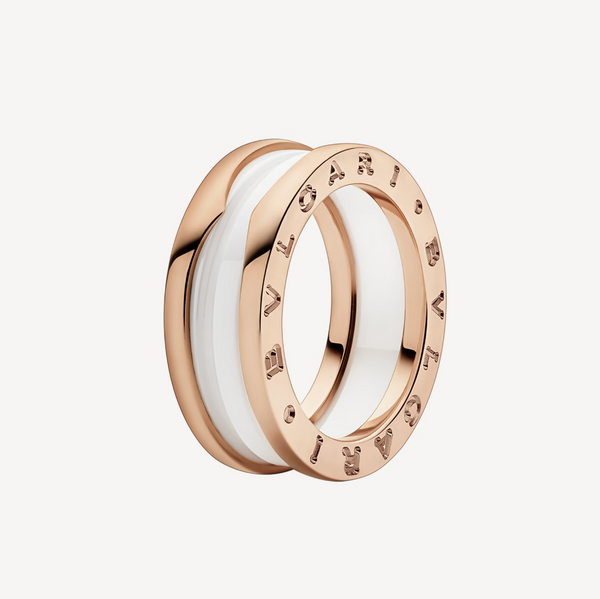 ˇGilded EraˇZERO 1 TWO-BAND LOOPS AND WHITE CERAMIC SPIRAL PINK GOLD RING