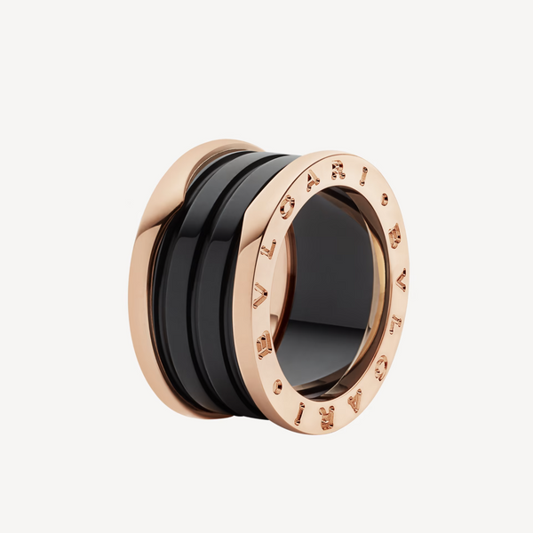 ˇGilded EraˇZERO 1 FOUR-BAND LOOPS AND BLACK CERAMIC SPIRAL PINK GOLD RING
