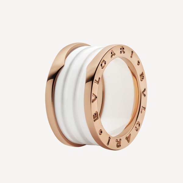 ˇGilded EraˇZERO 1 FOUR-BAND LOOPS AND WHITE CERAMIC SPIRAL PINK GOLD RING