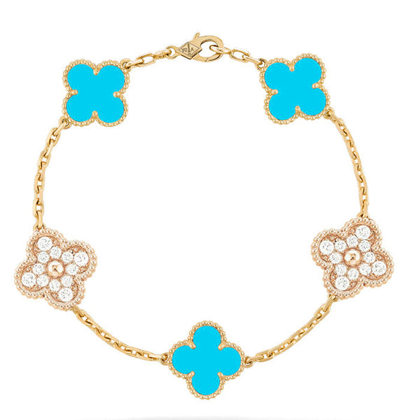ˇGilded EraˇCLOVER 5 MOTIF TURQUOISE DIAMOND BRACELET
