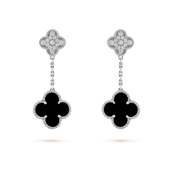 ˇGilded EraˇCLOVER 2 MOTIFS  DIAMOND ONYX EARRINGS SILVER