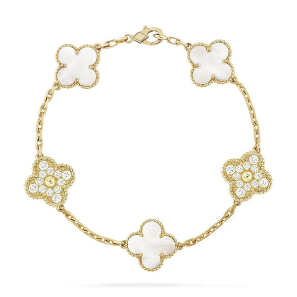 ˇGilded EraˇCLOVER BRACELET 5 MOTIF WHITE MOP DIAMOND