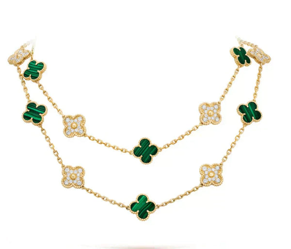 ˇGilded EraˇCLOVER 20 MOTIFS MALACHITE DIAMOND NECKLACE