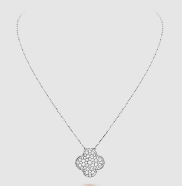 ˇGilded EraˇCLOVER 25MM LARGE PENDANT DIAMOND PAVED SILVER NECKLACE