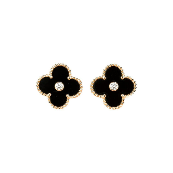 ˇGilded EraˇCLOVER MEDIUM 1 MOTIFS ONYX DIAMOND EARRINGS