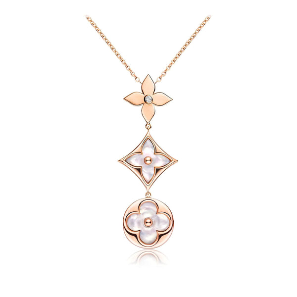 ˇGilded EraˇCOLOR BLOSSOM LARIAT NECKLACE PINK GOLD WHITE MOTHER PEARL AND DIAMOND