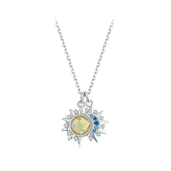 ˇGilded EraˇWhite Gold Plated Sun and Moon Necklace