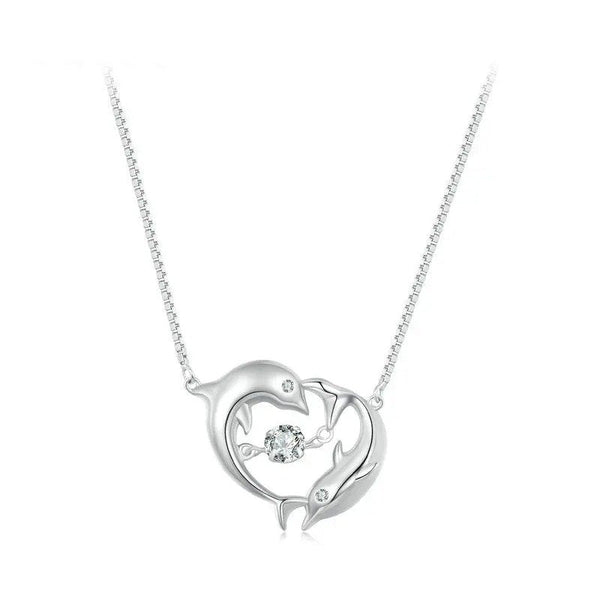 ˇGilded EraˇDouble Dolphins Necklace Shiny Zircon Love Neck Chain