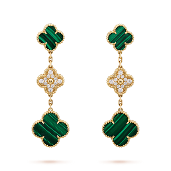 ˇGilded EraˇCLOVER EARRINGS GOLD MALACHITE DIAMOND 3 MOTIF