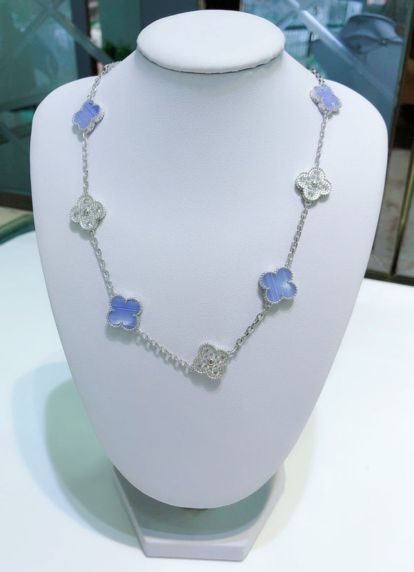 ˇGilded EraˇCLOVER 10 MOTIFS CHALCEDONY DIAMONDS SILVER NECKLACE