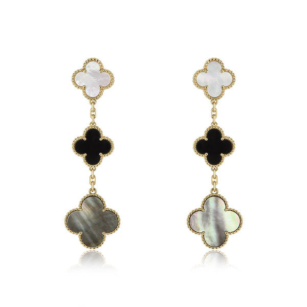 ˇGilded EraˇCLOVER EARRINGS GOLD ONYX MOP 3 MOTIF